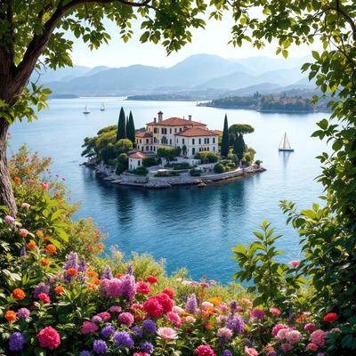 Primary subject: A beautiful island with a large house on it, surrounded by a lake.

Setting/background: The island is located in a large body of water, with a few boats visible in the distance.

Visual style: The image is a photo of the island and its surroundings.

Colors and mood: The scene is vibrant and serene, with the island's greenery and the blue water creating a peaceful atmosphere.